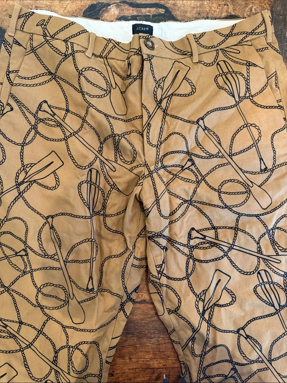 J. Crew Tan Chinos with Navy Rope & Oar chainstitch (not a print)